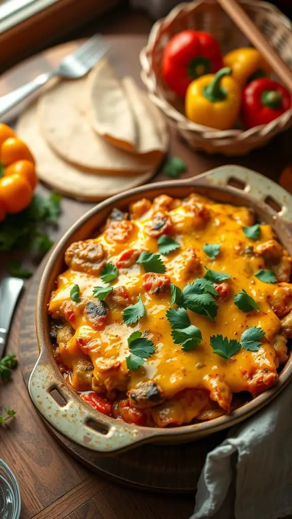 A delicious acorn squash enchilada casserole topped with cheese and cilantro.