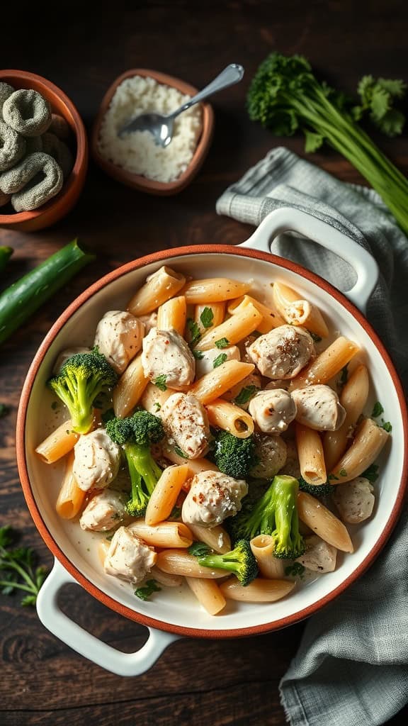 A deliciously creamy Alfredo Chicken Broccoli Casserole with pasta, chicken, and broccoli.