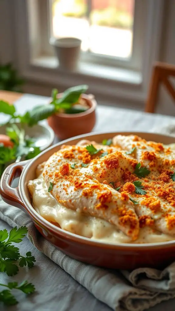 Delicious creamy Alfredo Chicken Cordon Bleu Casserole with layers of cheese