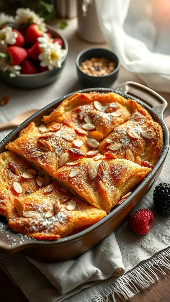 A deliciously baked almond croissant French toast casserole topped with sliced almonds and powdered sugar.