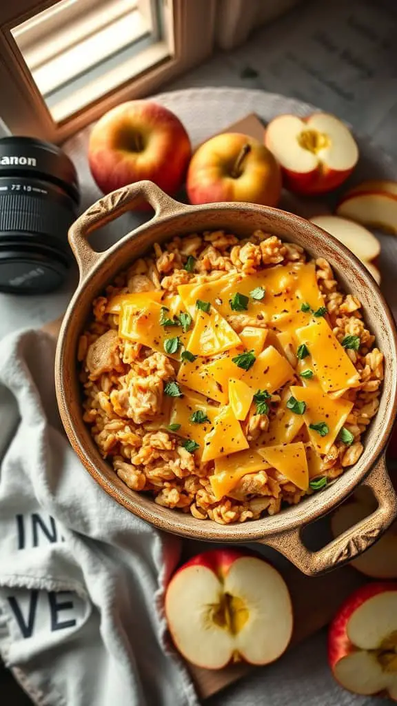 A delicious apple cheddar chicken rice casserole topped with cheese and garnished with parsley.