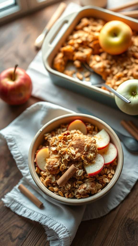 A bowl of apple cinnamon breakfast bake with slices of fresh apples and a sprinkle of cinnamon.