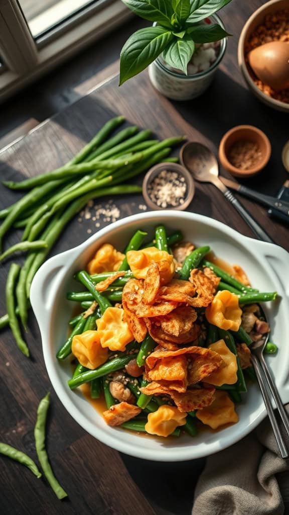 A vibrant green bean casserole topped with crispy wonton strips, showcasing an Asian-inspired twist.