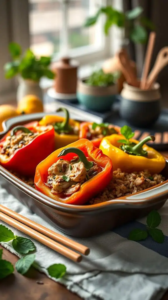 A colorful casserole dish filled with stuffed bell peppers, showcasing soy-glazed chicken and rice.