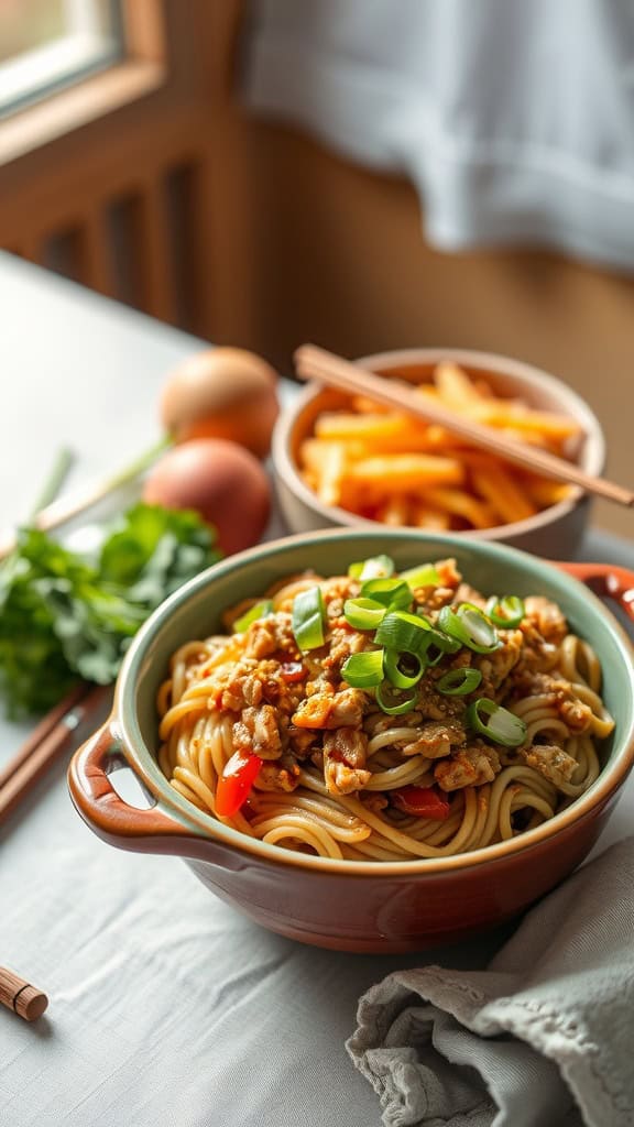 A bowl of Asian-inspired tuna noodle casserole topped with green onions.