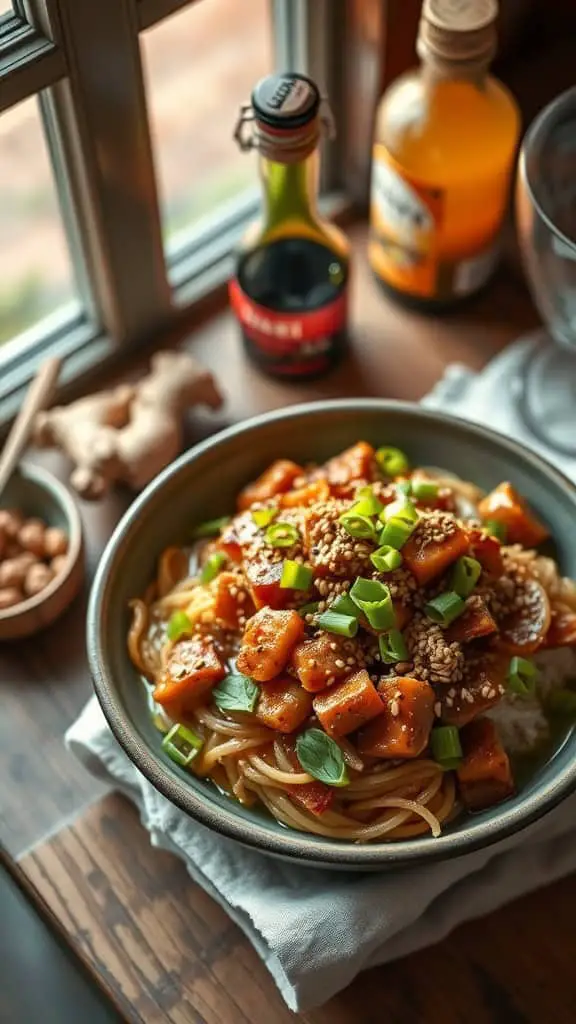 A bowl of Asian ginger soy tuna casserole with noodles, vegetables, and green onions on top.