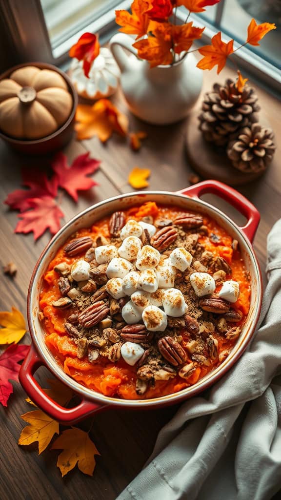 A delicious Autumn Harvest Sweet Potato Casserole topped with marshmallows and pecans.