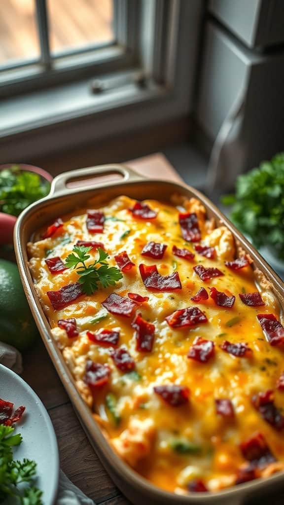 A delicious bacon-topped broccoli cheese casserole in a baking dish