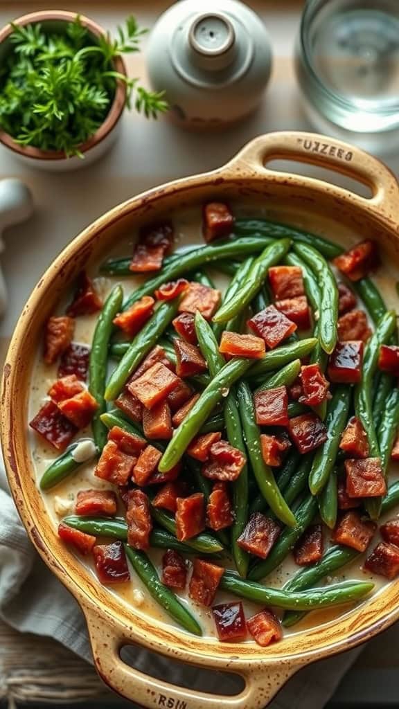 A delicious casserole featuring green beans and bacon in a creamy sauce topped with fried onions.