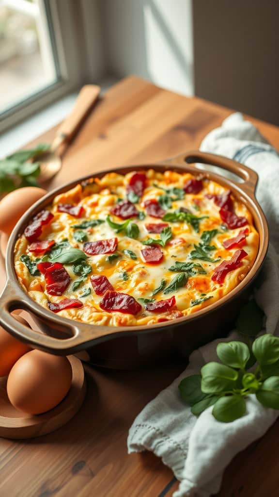 A delicious Bacon & Spinach Frittata Bake served in a round dish, garnished with crispy bacon and fresh spinach.