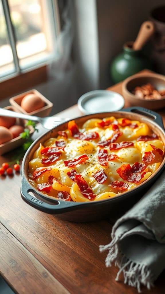 A delicious Bacon and Potato Breakfast Casserole with crispy bacon and creamy eggs.