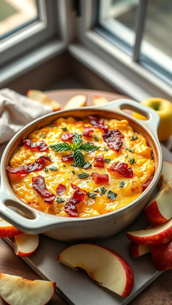 A delicious bacon, apple, and cheddar egg casserole fresh out of the oven, garnished with fresh herbs.