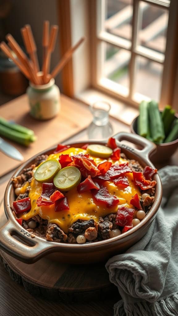 A hearty bacon cheeseburger casserole topped with cheddar cheese and pickles.