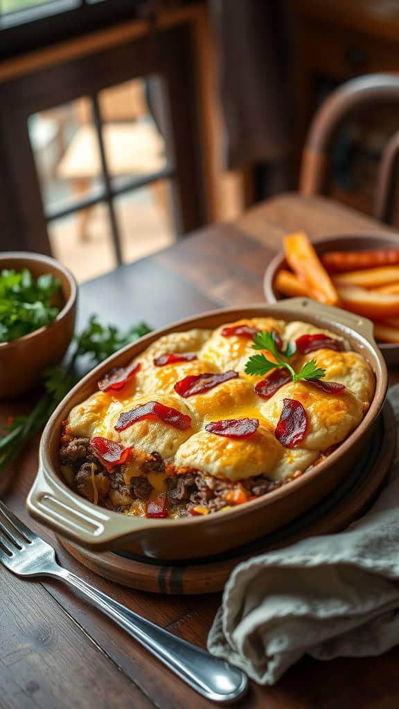 A delicious Bacon Cheeseburger Casserole topped with crispy bacon and cheddar cheese.