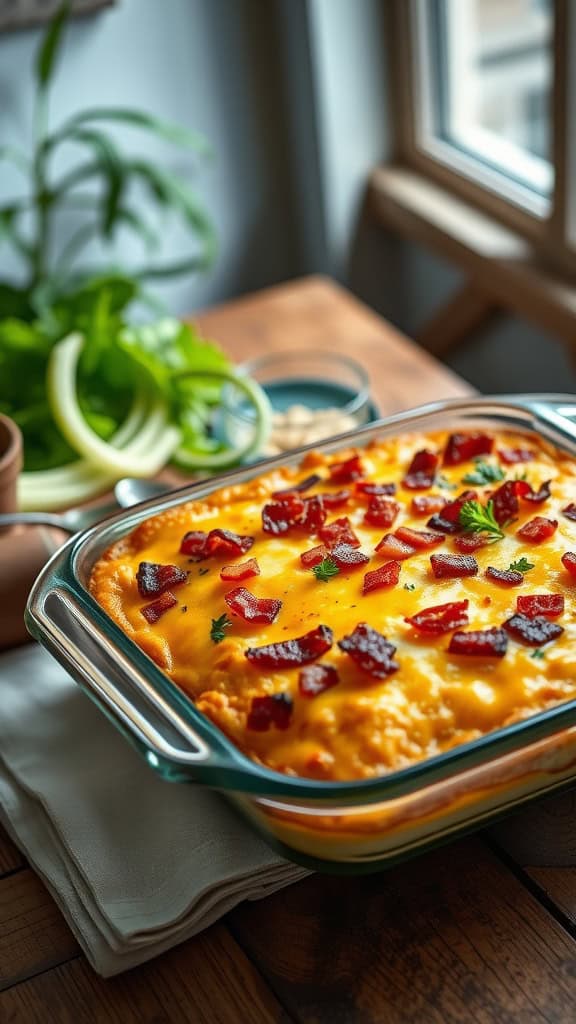 A delicious Bacon Cheeseburger Dinner Casserole topped with crumbled bacon and cheese.