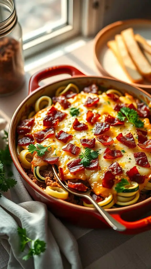 A hearty Bacon Cheeseburger Zucchini Casserole topped with cheese and bacon bits.