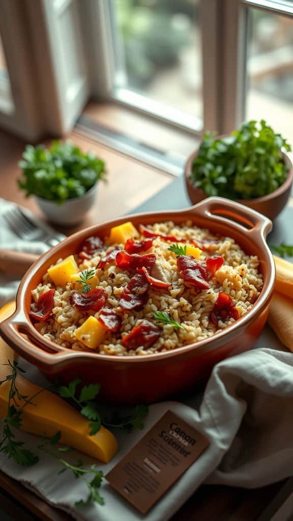 A delicious Bacon Chicken, Rice, and Squash Casserole with a golden cheese topping.