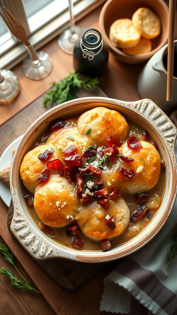 Bacon gravy biscuit casserole with crispy bacon and fluffy biscuit dough.