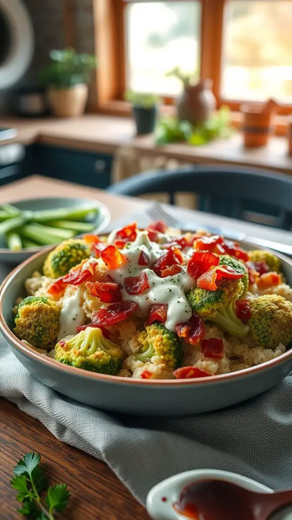 Delicious Bacon Ranch Broccoli Casserole topped with crispy bacon and ranch dressing