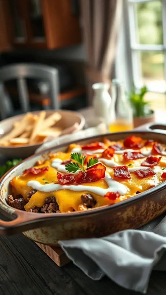 Bacon Ranch Cheeseburger Casserole presented in a rustic dish garnished with bacon and herbs.