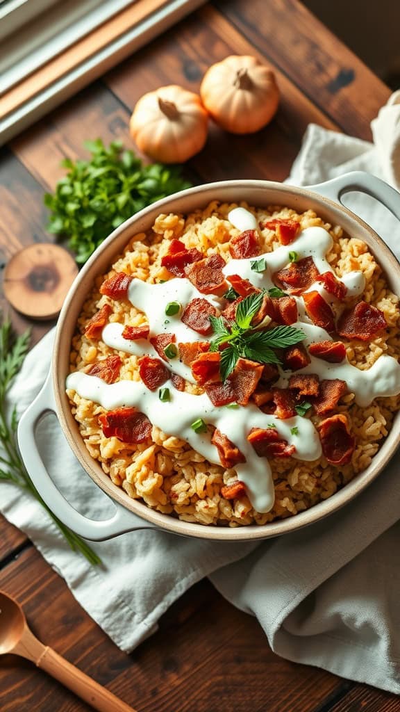 Bacon ranch chicken rice casserole topped with crispy bacon and creamy ranch dressing.