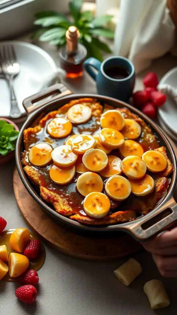 A delicious Banana Foster French Toast Casserole topped with caramelized bananas and syrup.