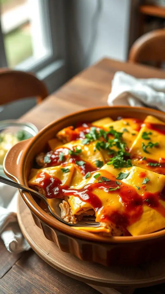 A delicious casserole dish featuring layers of chicken, ham, cheese, and BBQ sauce.