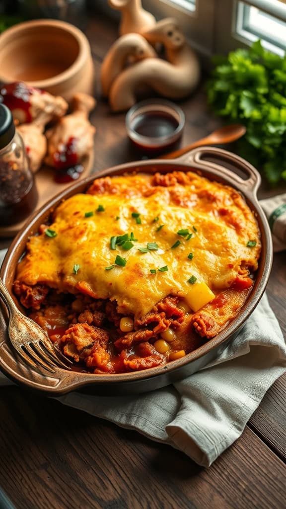 A delicious barbecue chicken dinner casserole with cornbread and cheddar cheese.