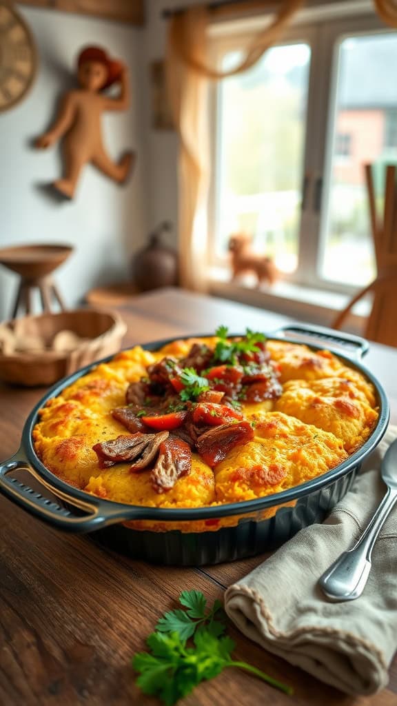 Delicious barbecue cowboy casserole topped with cornbread and garnished with parsley, served in a baking dish.