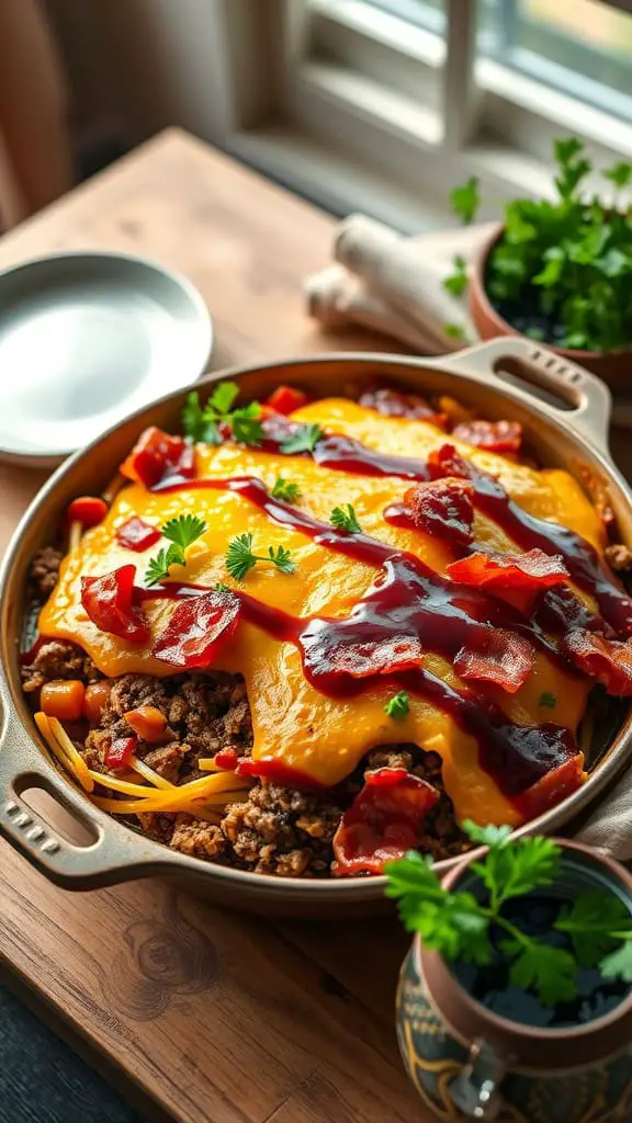 A delicious BBQ Bacon Cheeseburger Casserole topped with cheese and BBQ sauce.