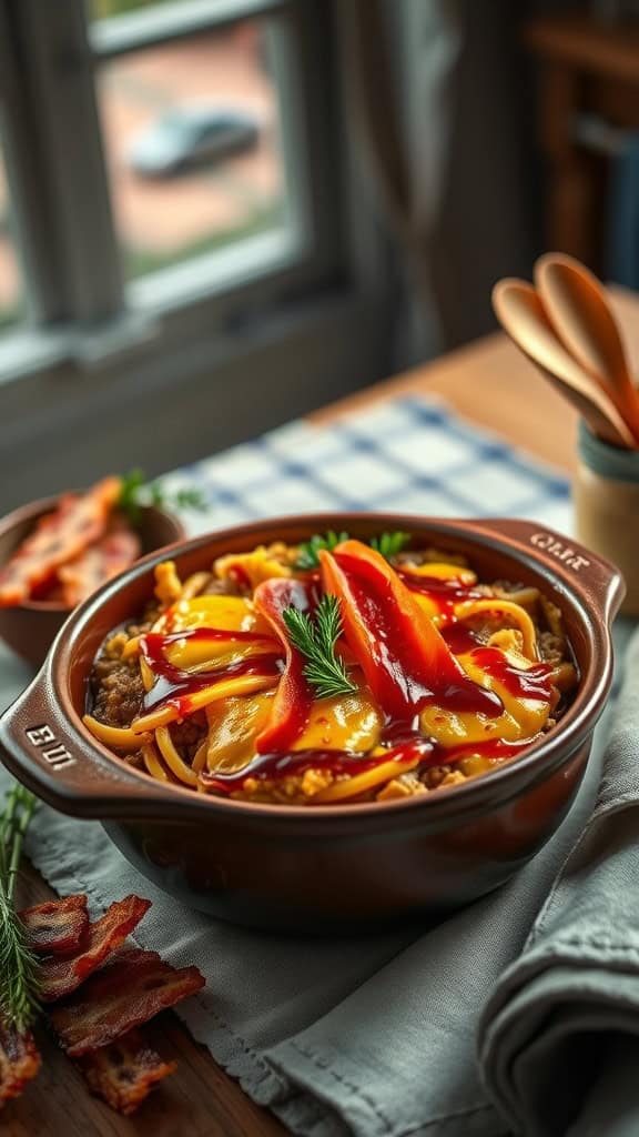 BBQ Bacon Hamburger Casserole cooked in a brown dish, garnished with BBQ sauce and bacon