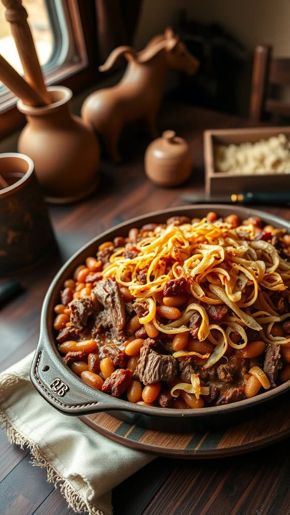 BBQ Brisket Cowboy Casserole with brisket, baked beans, and crispy onion topping