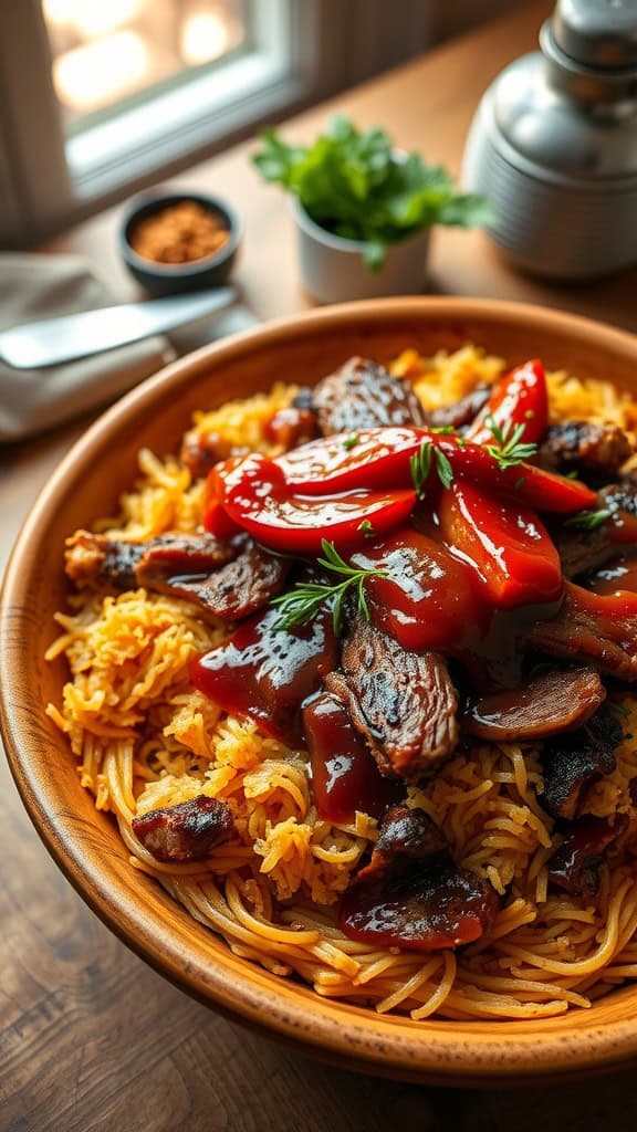 BBQ Brisket Hashbrown Casserole served on a wooden table.