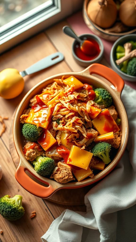 BBQ Chicken Broccoli Bake with cheese and crunchy topping