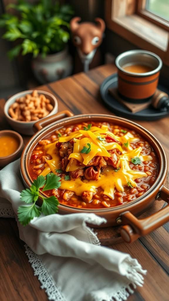 A delicious BBQ chicken cowboy casserole topped with melted cheese, featuring baked beans and Tater Tots.