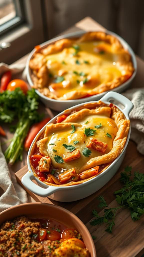 BBQ Chicken Pot Pie Casserole served in a dish with a golden crust and topped with cheese.