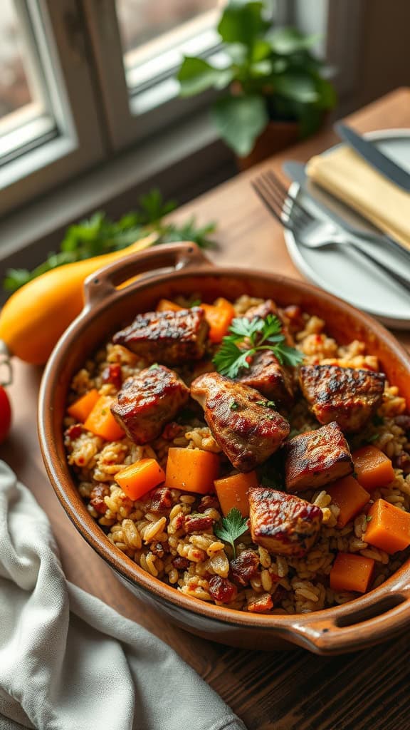 A delicious BBQ Chicken, Rice, and Squash Casserole served in a round dish.