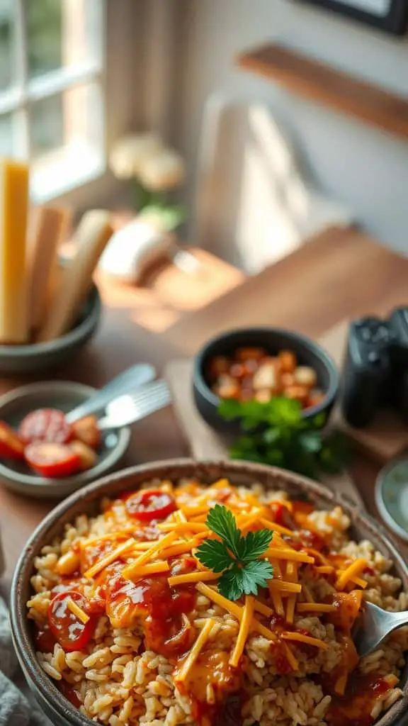 BBQ Chicken Rice Casserole topped with cheddar cheese