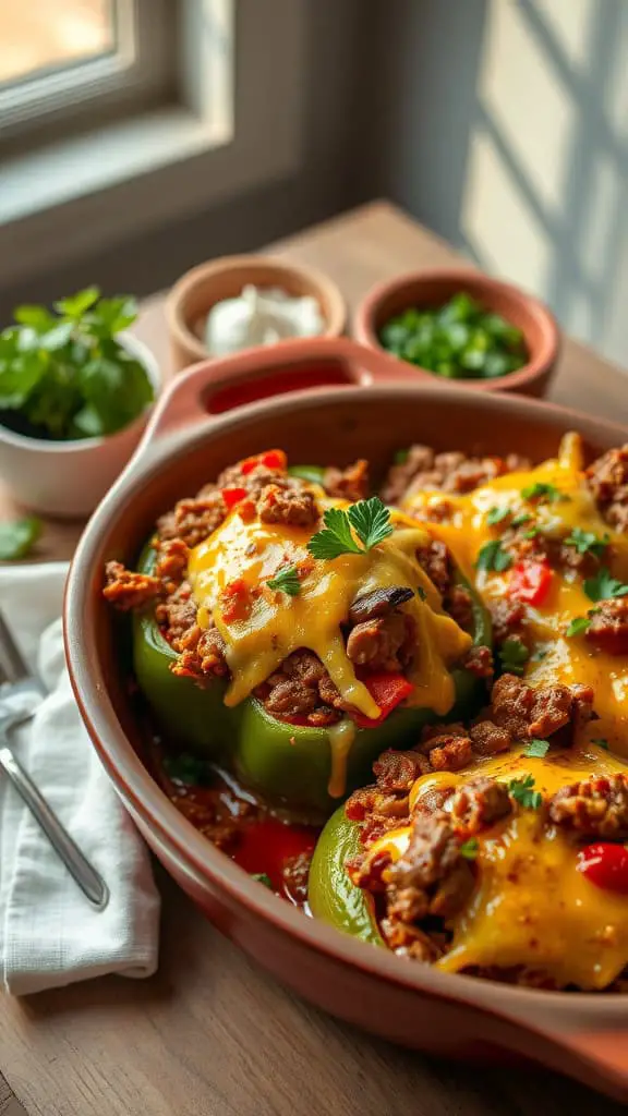 BBQ Pulled Pork Stuffed Pepper Casserole with melted cheese