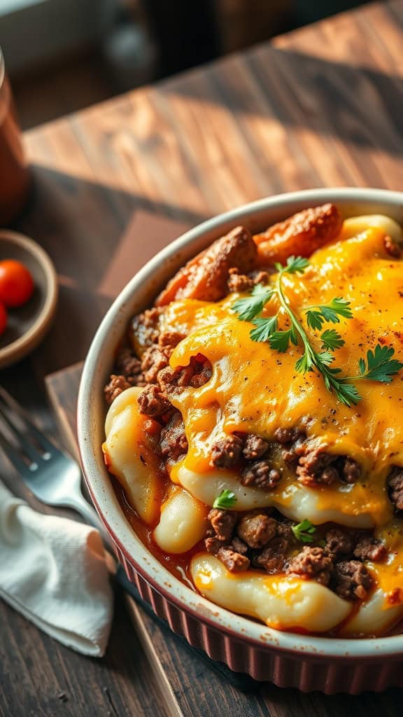 A delicious beef and potato casserole topped with melted cheese.