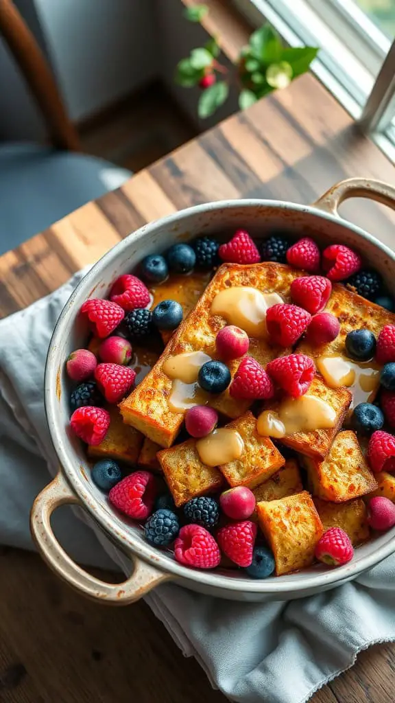 A delicious berry medley French toast casserole topped with mixed berries and a drizzle of syrup.