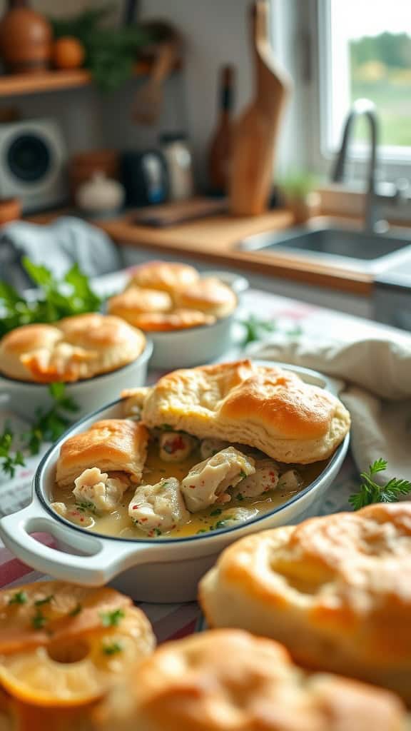 A delicious biscuit-topped chicken pot pie casserole with creamy filling.