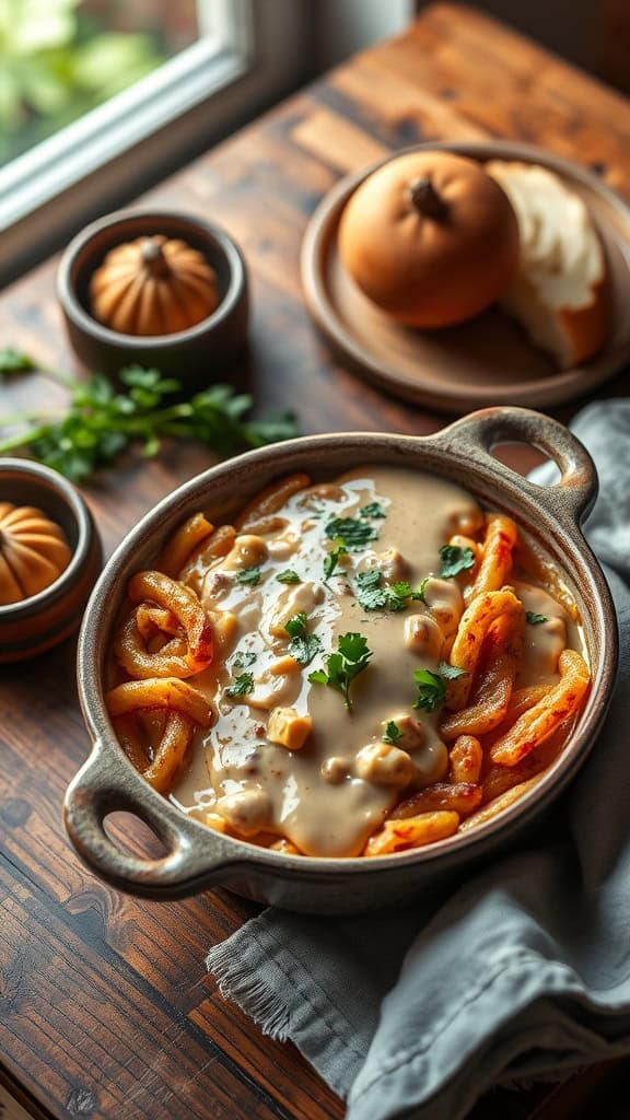 A delicious Biscuits & Gravy Casserole with a crispy hash brown crust