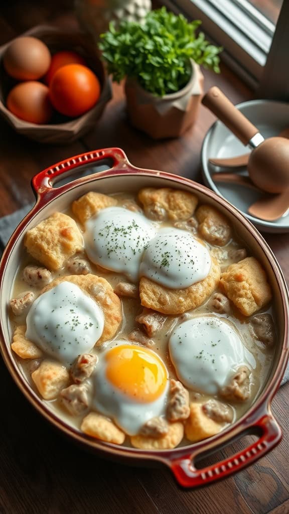 A delicious breakfast casserole with fluffy biscuits, sausage gravy, and eggs.