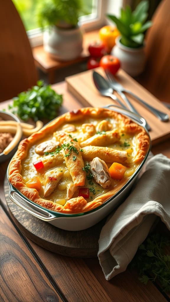 A delicious Bisquick Chicken Pot Pie Casserole topped with a golden crust and filled with chicken and vegetables.