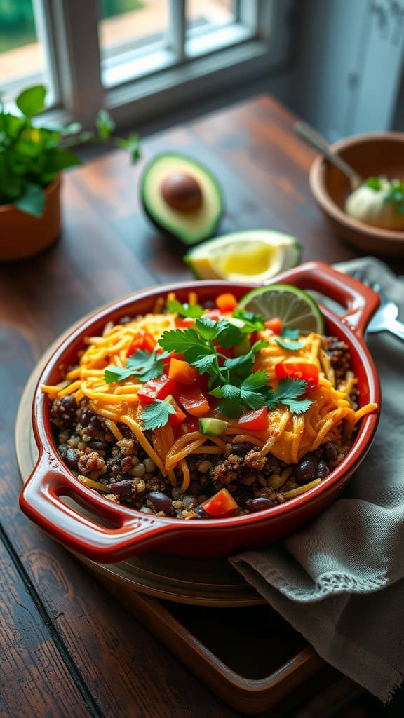 A delicious black bean and quinoa taco casserole topped with cheese and fresh vegetables.