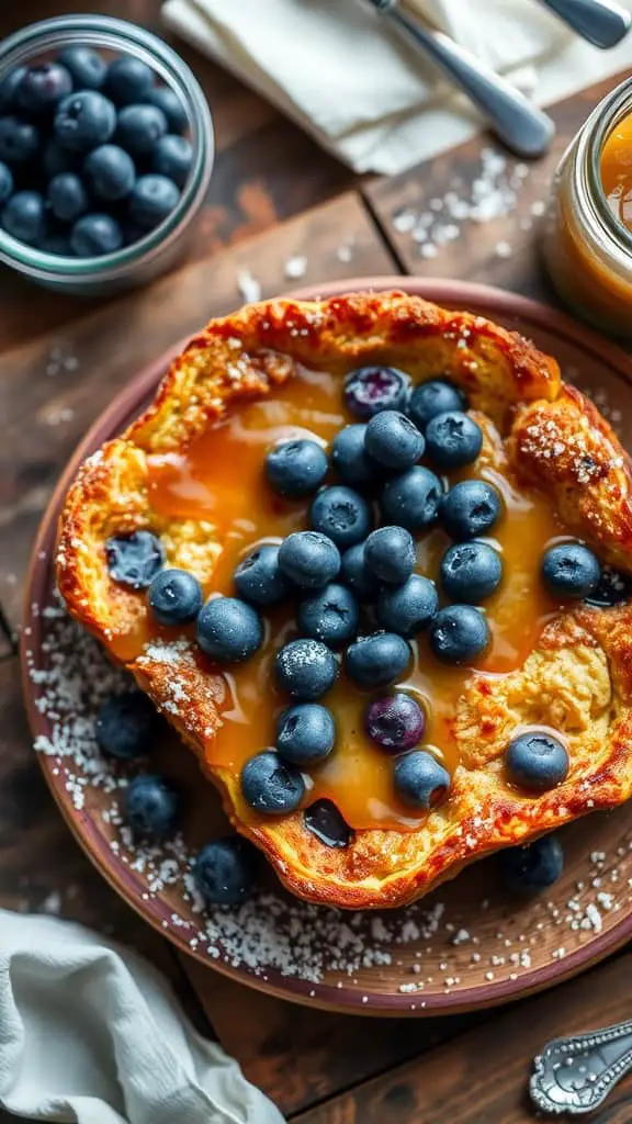 Delicious Blueberry Cream Cheese French Toast Casserole topped with fresh blueberries