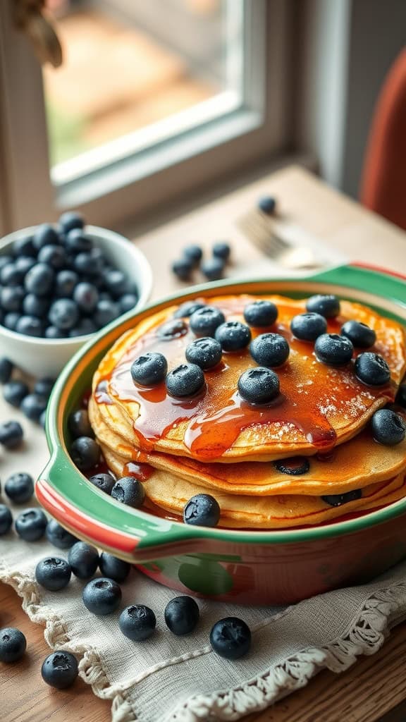 A delicious blueberry pancake casserole topped with blueberries and syrup