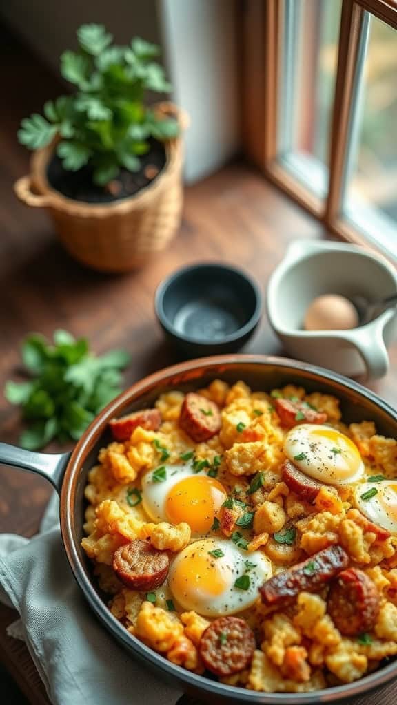 A hearty breakfast casserole with eggs, sausage, and hash browns.