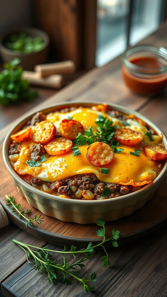 A delicious Breakfast Hamburger Casserole with layers of beef, eggs, hash browns, and cheese.